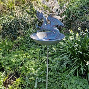Dragon Bird Bath on a Stake made from Verdigris Metal